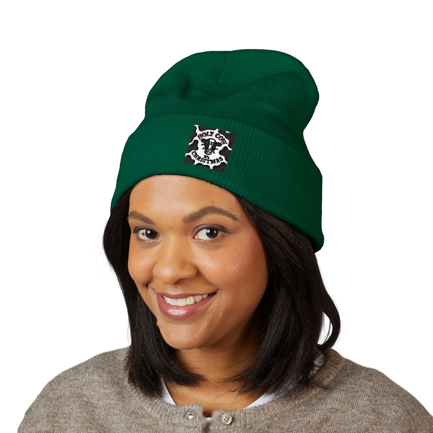 Embroidered Cow Print Classic Cuffed Beanie for Cozy Winter Vibes