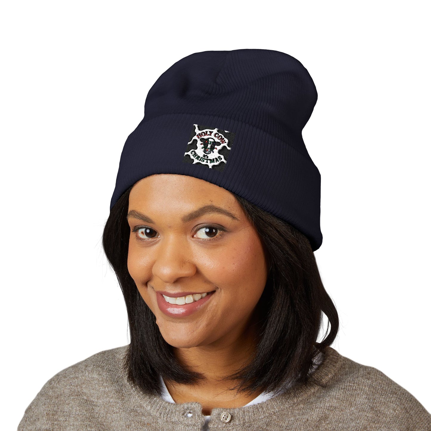 Embroidered Cow Print Classic Cuffed Beanie for Cozy Winter Vibes